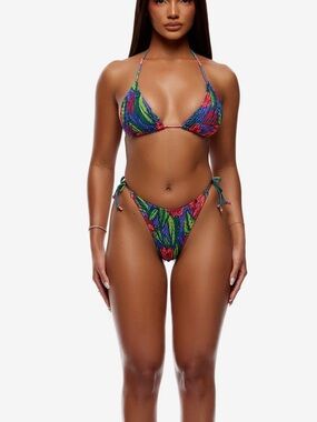 Tie-Side Triangle Bikini in Blue, Green & Red Print